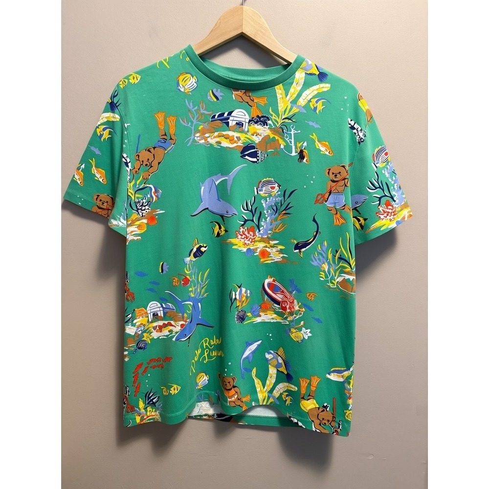 Polo Ralph Lauren Shirt Mens Size L Green Bear Snorkeling Ocean Marine Print Tee